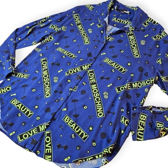 Love Moschino Blue Green Button Down Shirt Size 8 - Picture 2 of 5